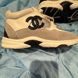 CHANEL Calfskin Fabric Sneakers 37 (US 6.5) White Silver Fluo Pink